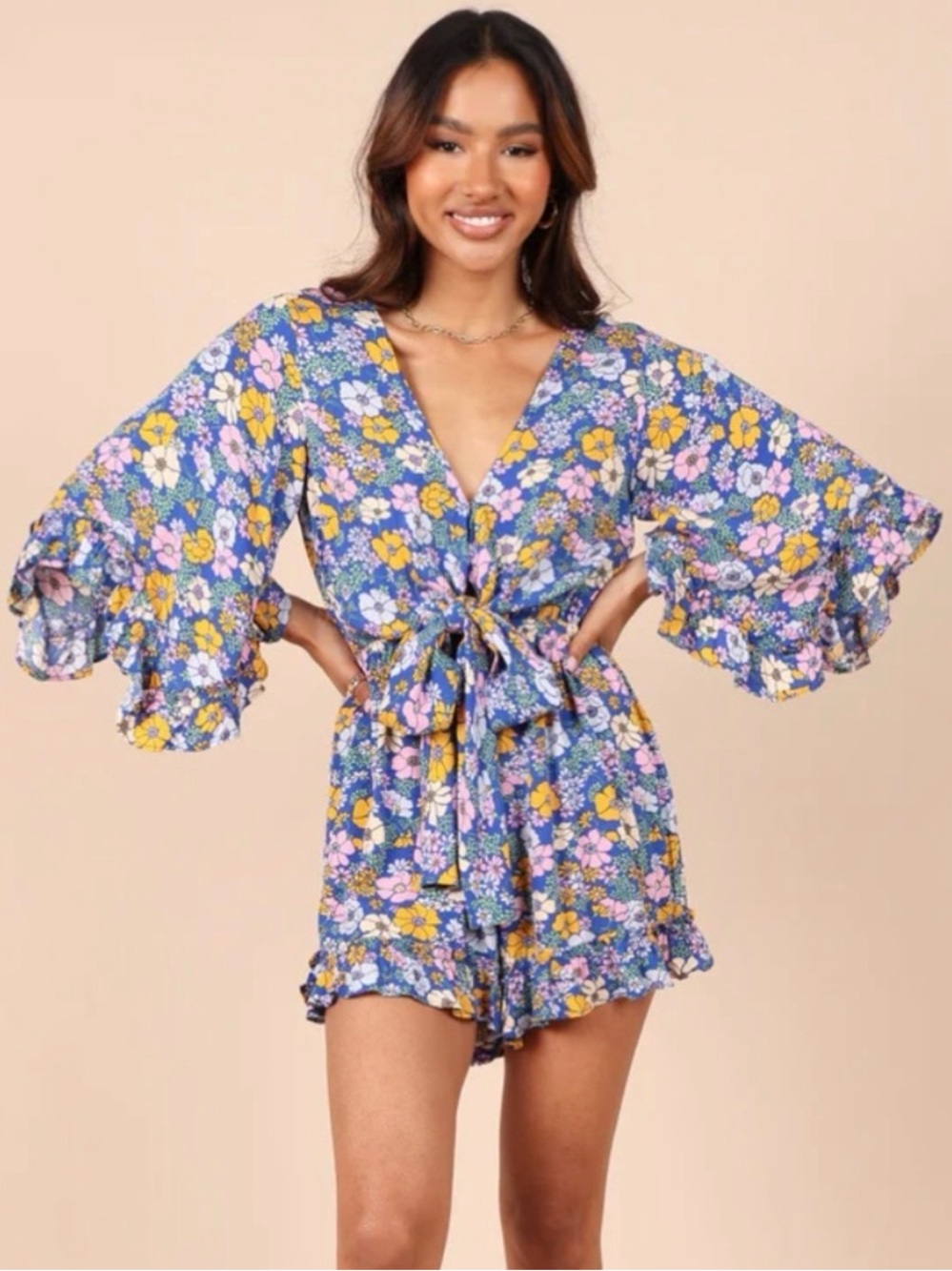 Petal & Pup Blue Floral Tie-Front Ruffle Romper
